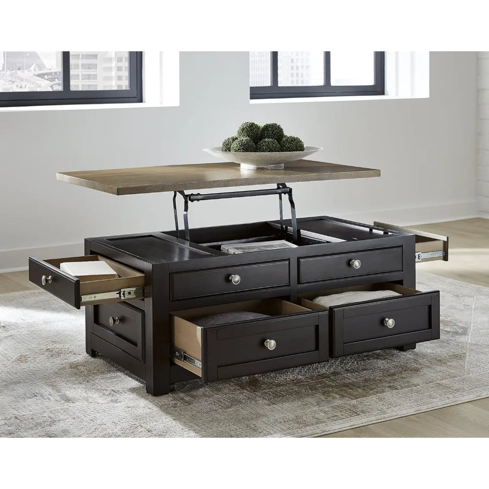 Casual Lift-Top Coffee Table with 4 Drawers and Casters, Dark & Light Brown Wood Finish