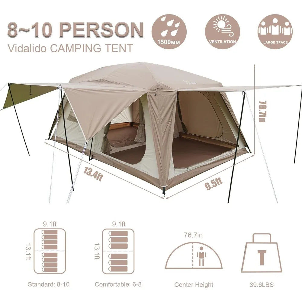 Family Cabin Tent for 8-10 People: 3-Door, 2-Room, Large Waterproof Portable Glamping Tent