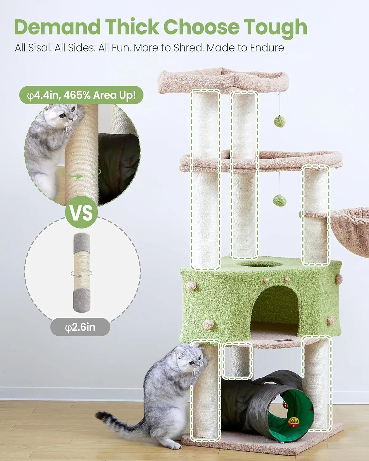 Extra Large Cat Tree Tower for Indoor Cats - Multi-Level Scratching Post with Hammock & Tunnel, 60 Inch XL Feline Bed