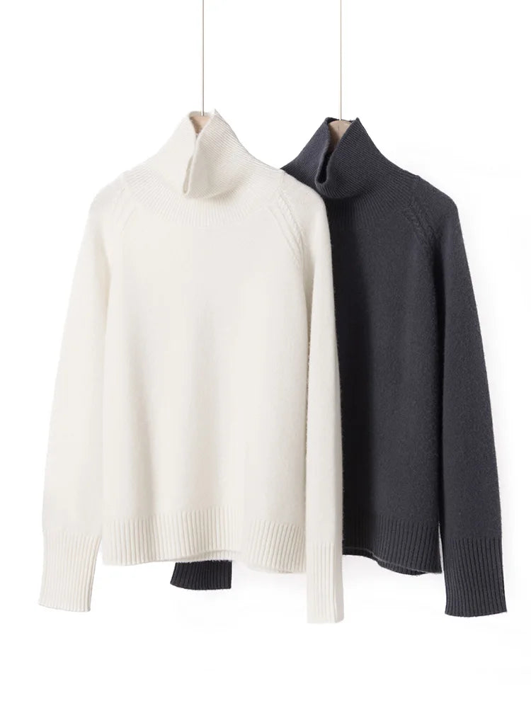 Autumn Winter 100% Cashmere Casual Solid Pullover Long Sleeves Sweater Wide-Leg Pants Two-Piece Set Soft Warm Women's Knitwear