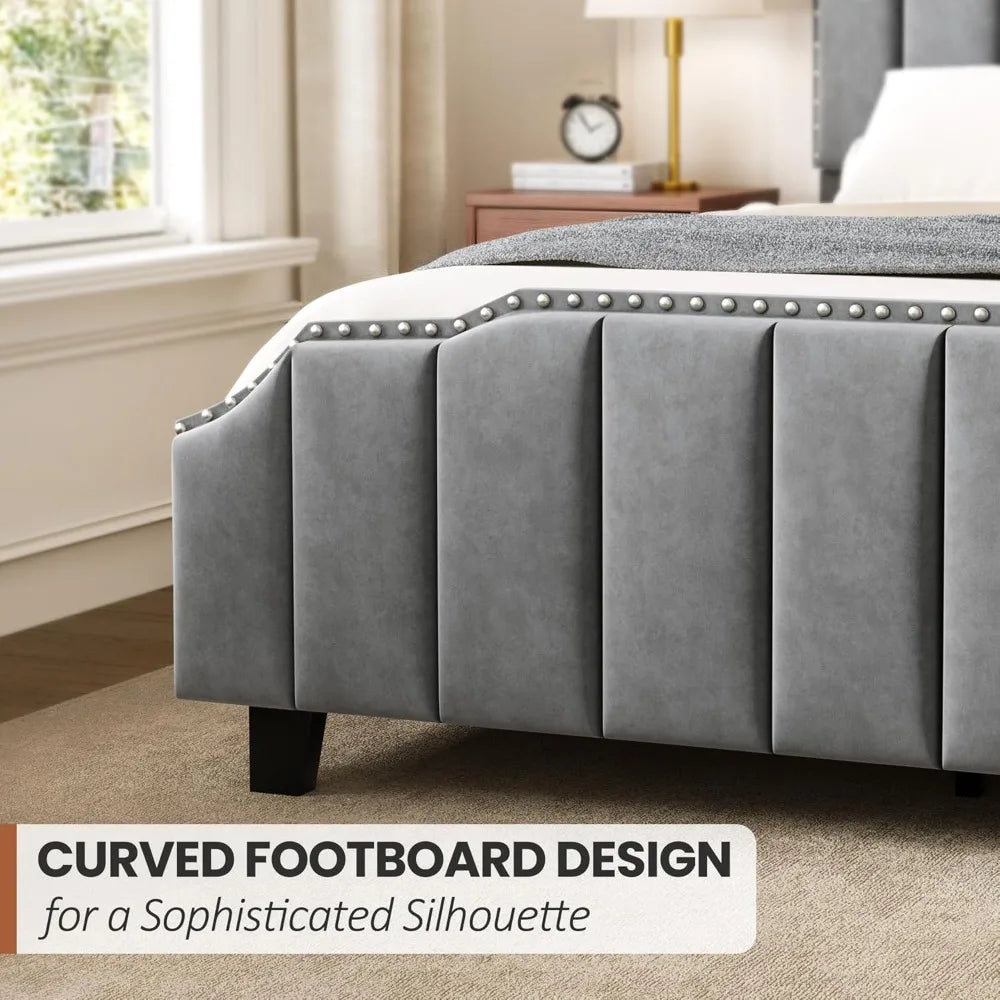 Grey Queen Size Upholstered Platform Bed Frame with 46.8'' Tall Vertical Channel Tufted Headboard, Wooden Slats,Customized