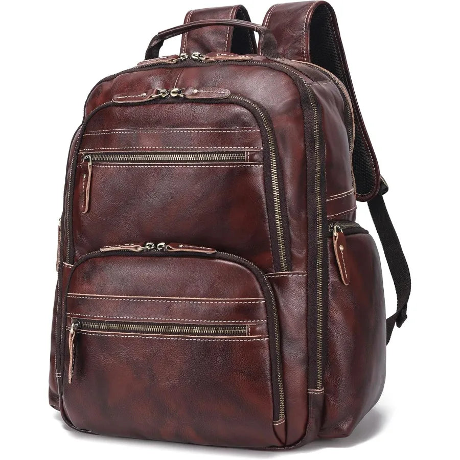 Vintage Full Grain Leather Backpack For Men 17.3'' Laptop Bag Causal Rucksack Shoulder Bag Overnight For Business/Hiking/Travel
