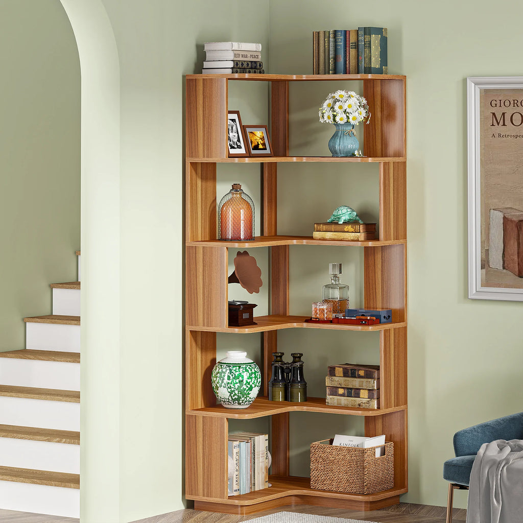Tribesigns 6 Tier Corner Bookshelf, 64.96 Inch Tall Industrial Corner Bookcase with Anti-Drop Panel,Wood Grain Corner Shelf