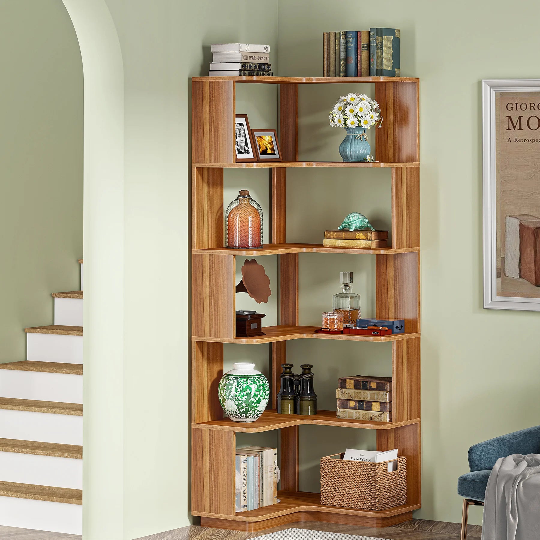 Tribesigns 6 Tier Corner Bookshelf, 64.96 Inch Tall Industrial Corner Bookcase with Anti-Drop Panel,Wood Grain Corner Shelf