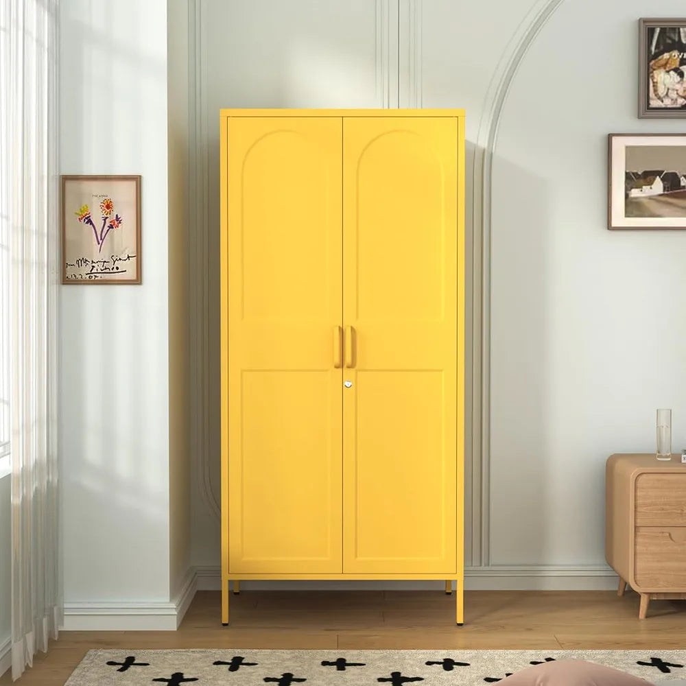 67 Inch Steel Lockable Wardrobe Cabinet with Hanging Rods, Adjustable Shelves for Home Storage
