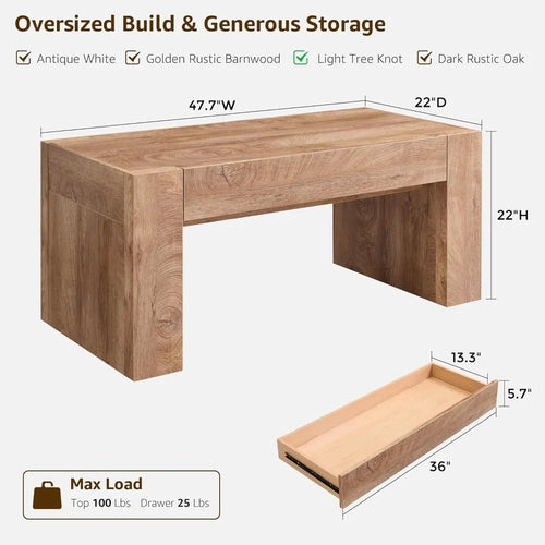 48 Modern Farmhouse Coffee Table, Wooden Living Room Table with Hidden Storage Drawer, Rustic Rectangular Center Tables w/Wo