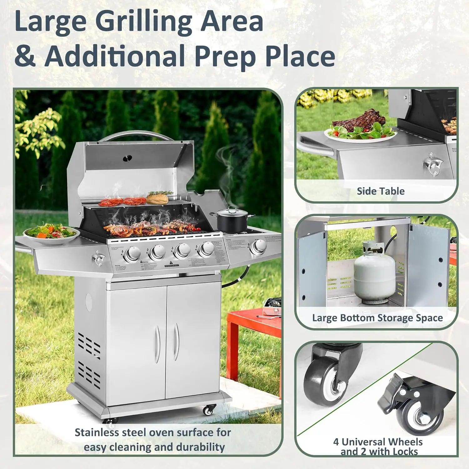 Propane Gas Grill 4 Burners with Side Burner, Stainless Steel Grill Cart with Wheels for Outdoor Patio Garden Backyard Cooking b