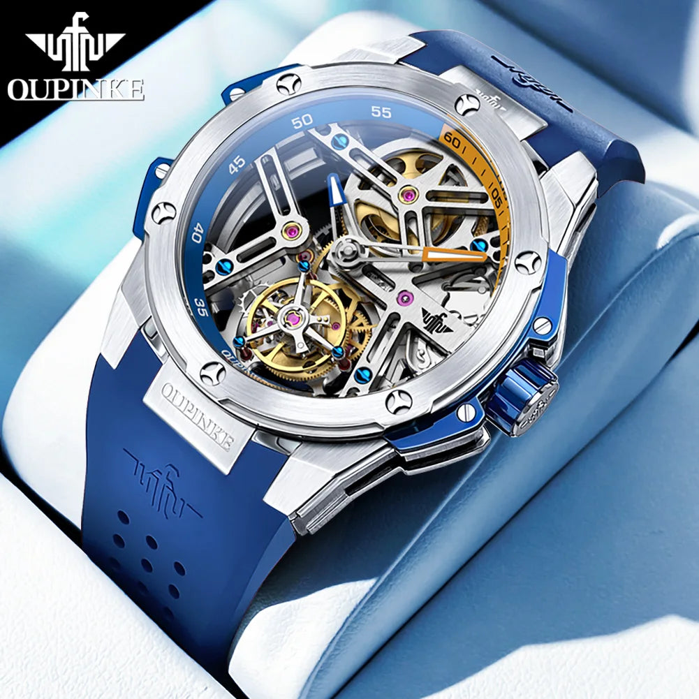 OUPINKE Tourbillon Movement Top Brand Men's Watches Waterproof Silicon Tape Automatic Mechanical Watch Hollow Out Original Watch