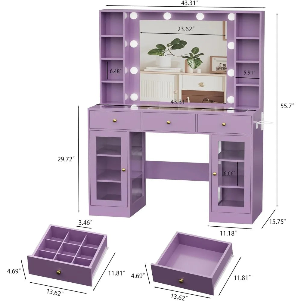 Purple Vanity Desk with Mirror and Lights, Glass Top Vanity with Lighted Mirror & RGB Glass Cabinet and 3 Drawers, Makeup Desk w