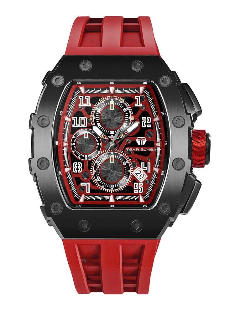 TSAR BOMBA Tonneau Mens Watches Sapphire Crystal Red Wristwatch Waterproof Chronograph Date Clock Luxury Christmas Gift for Men