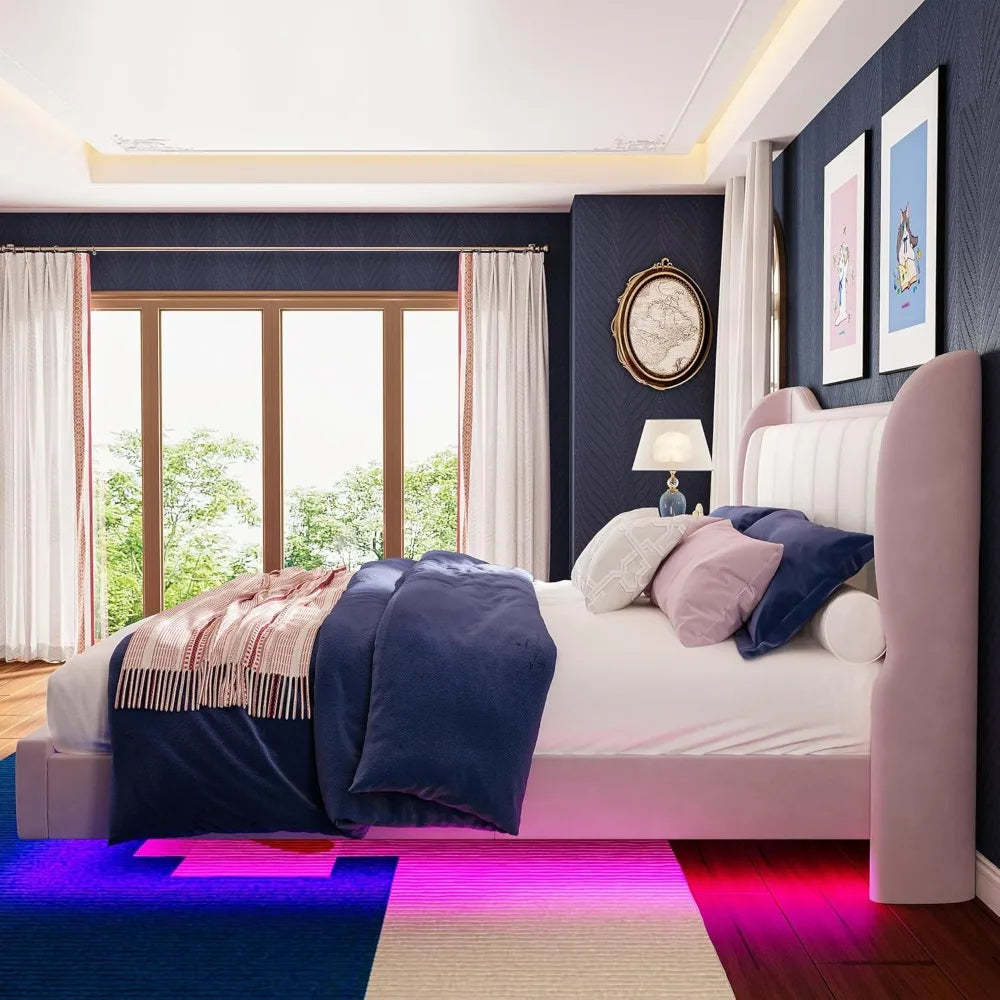 Velvet-Covered King Size Platform Bed Frame with LED Lighting, Headboard Included, Solid Wood Slat Support, No Box Spring Needed