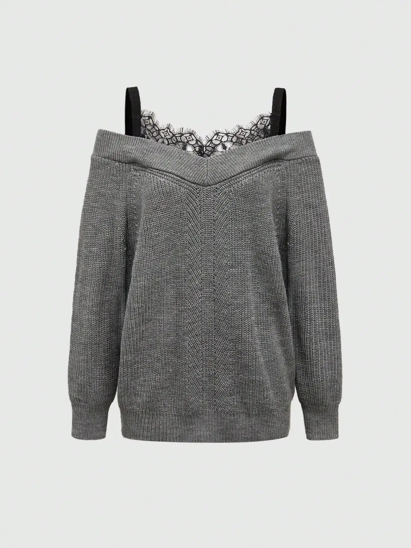 Off Shoulder Lace Trim Knit Pullover Sweater for Women, Loose Fit Elegant Style