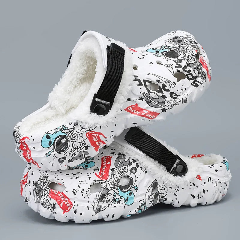Winter Anti-Slip Fleece Lined Large Size Cotton Slippers Removable Upgraded EVA Clog Shoes for Men Breathable Slip-On Shoes