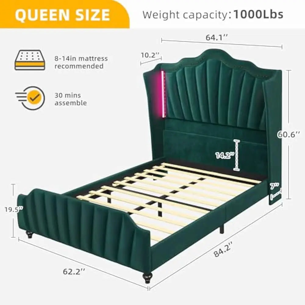 LED Queen Size Platform Bed Frame with 60" Tall Wingback Headboard and Footboard, Velvet Upholstered Bed, No Box Spring Needed