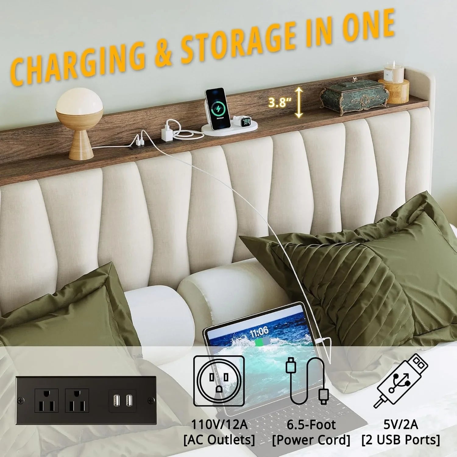 Extra large bed frame with storage headboard and charging station, cushioned platform bed with 3 drawers, beige color