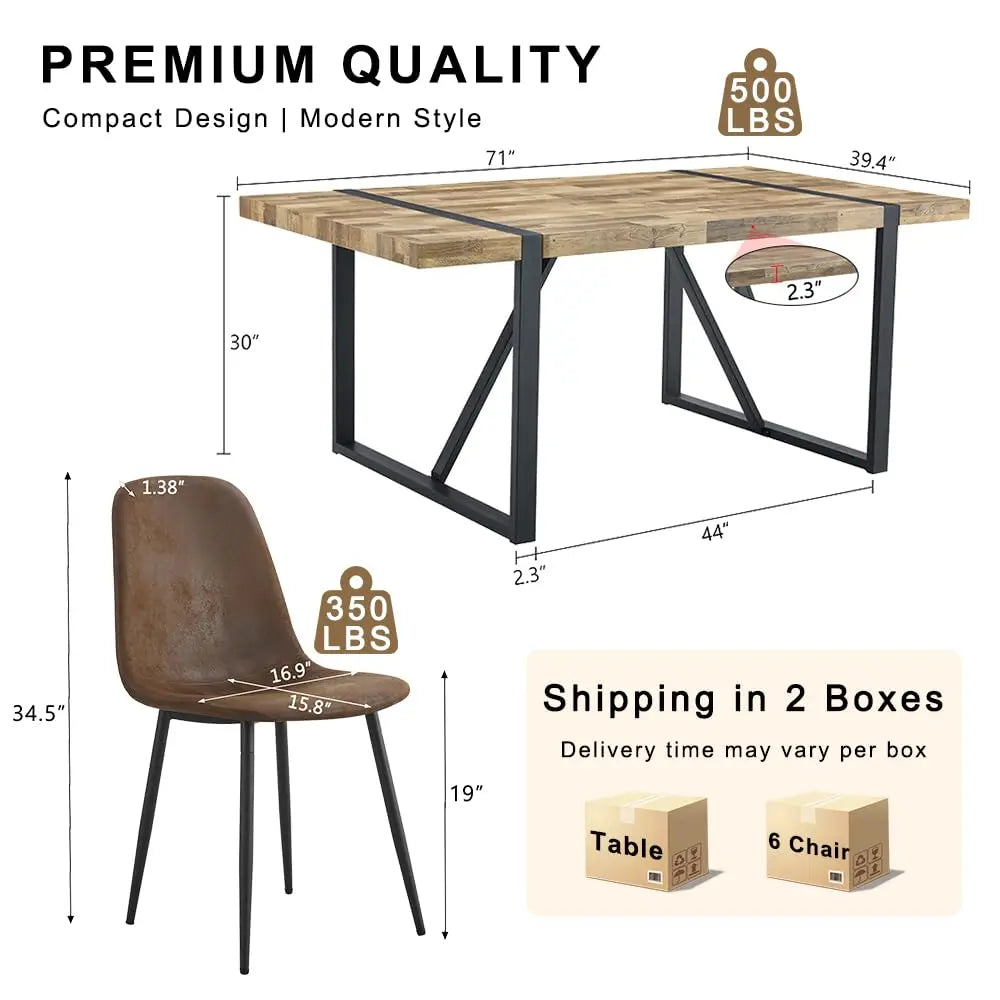 Wood Dining Table Set for 6, 71" Large Rectangular Kitchen & Dining Room Table with 6 Suede Upholstered Chairs,, Customized