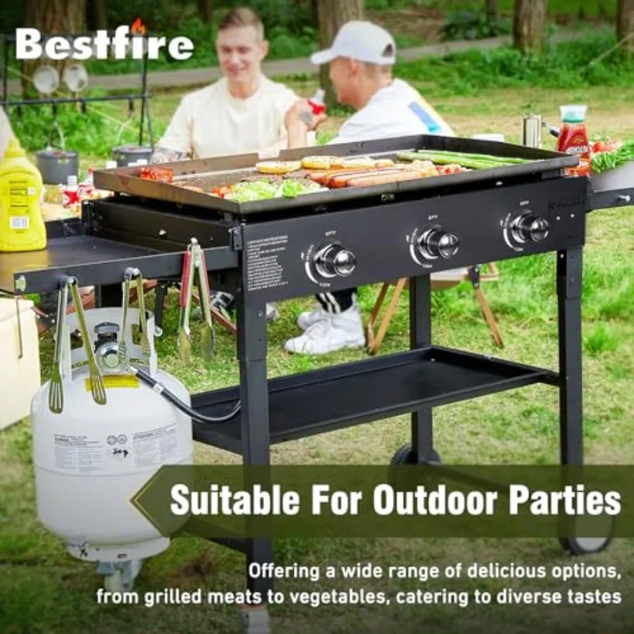 3 Burner 35 Flat Top Grill 45 000 BTU Outdoor Cooking with Porcelain-Enameled Cast Iron Grate and Pan in Black for BBQ Camping