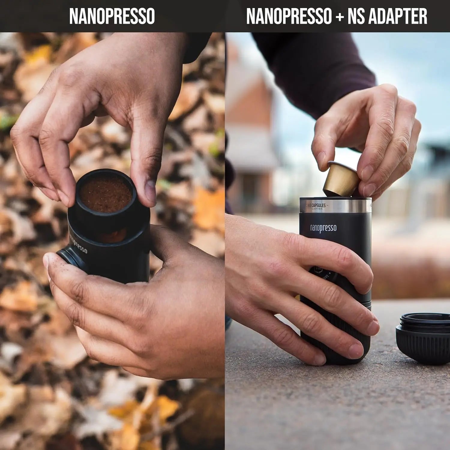 Nanopresso Portable Espresso Maker with NS Adapter, Compatible with NS Capsules & Ground Coffee, Travel Coffee Machine for Campi