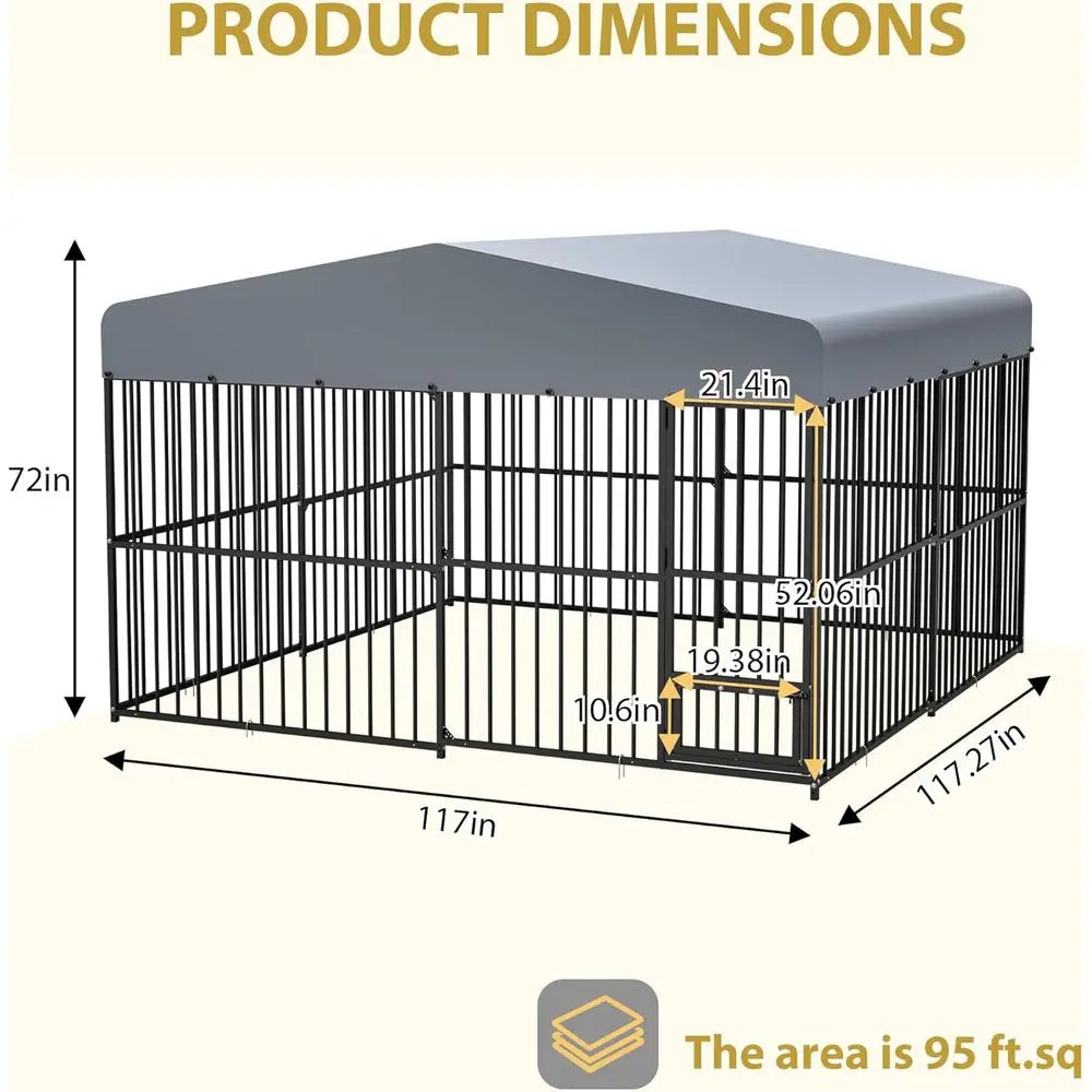 Large 10x10x6 Outdoor Dog Cage, Heavy-Duty Steel Kennel with Rust-Proof Galvanizing and Safety Lock
