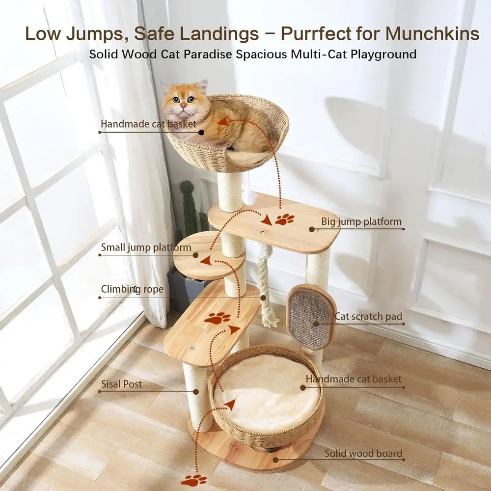 49.6 Tall Wooden Cat Tower with Multi-Level Condo, Scratching Post, and Hand-Woven Bed for Large Indoor Cats