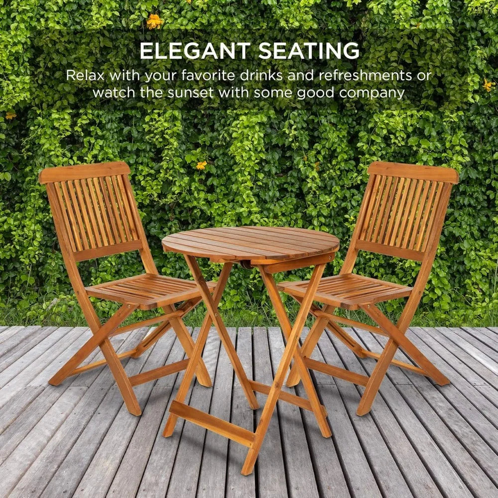 Products 3-Piece Acacia Wood Bistro Set, Folding Patio Furniture for Backyard, Balcony, Deck w/ 2 Chairs, Round Coffee Table,