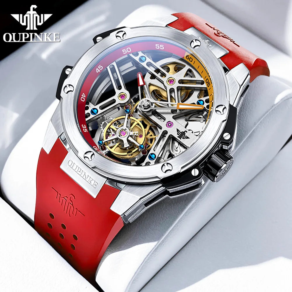 OUPINKE Tourbillon Movement Top Brand Men's Watches Waterproof Silicon Tape Automatic Mechanical Watch Hollow Out Original Watch