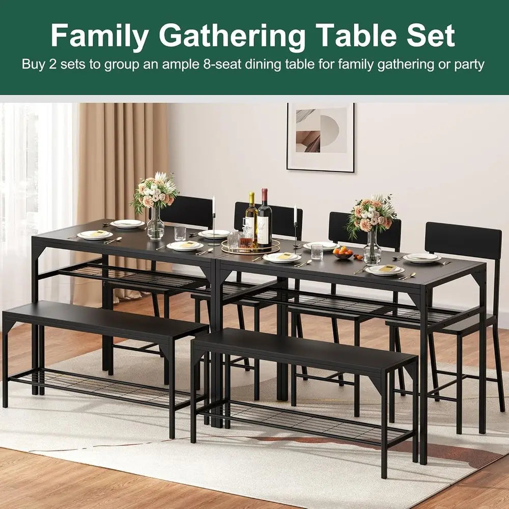 4-Piece Dining Set with Bench and Chairs, Kitchen Table Set for Small Spaces, Metal Frame, Black