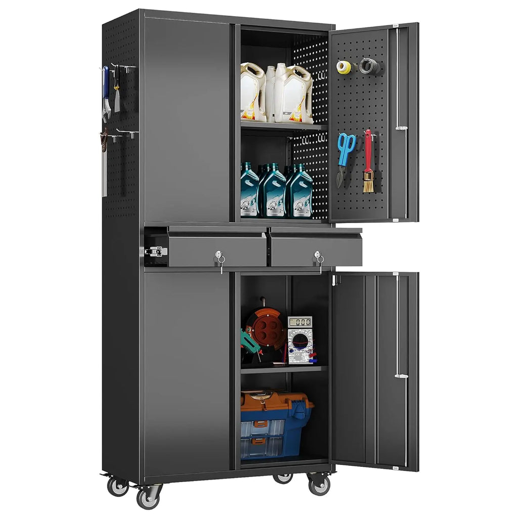 71" Metal Garage Storage Cabinet with 8 Hooks and Pegboards,2 Drawer Rolling Tool Storage with Locking Doors and, Customized