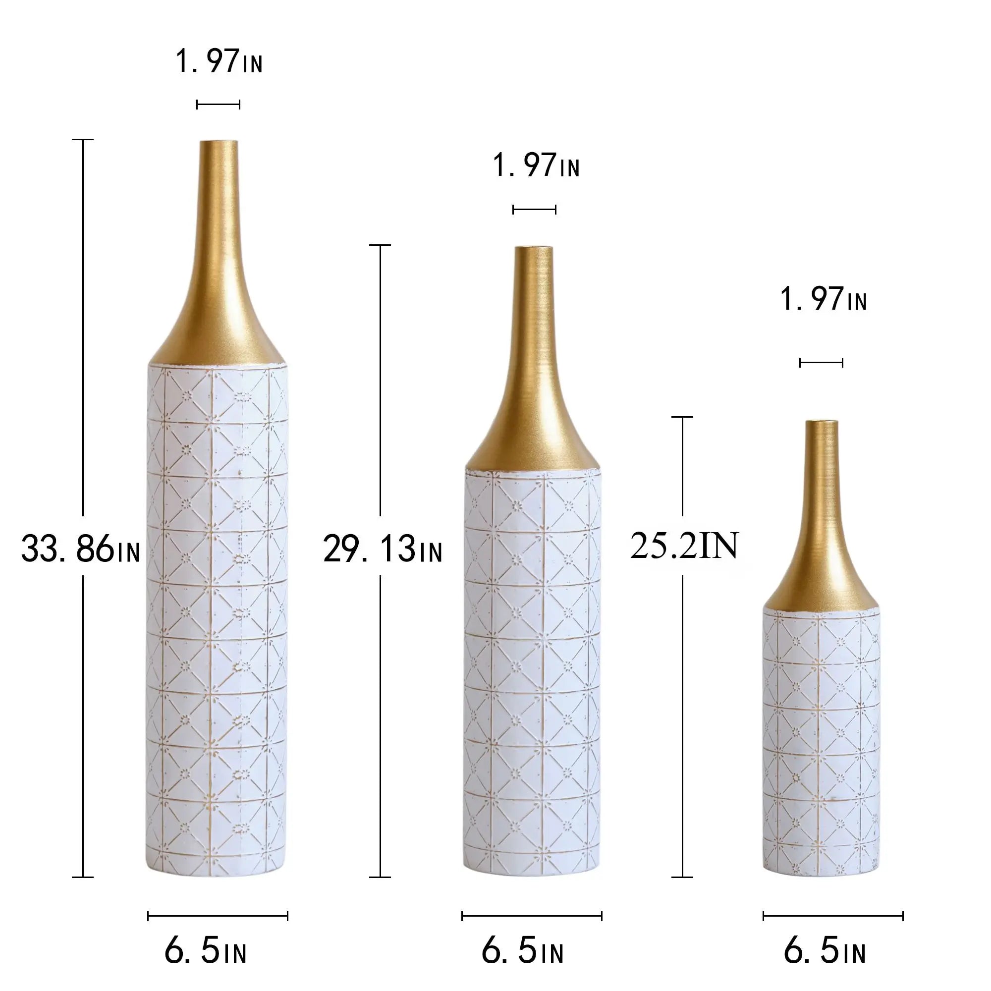 Set Of 3  Metal Vases Home Decoration White Glazed 24in/28.7in/33.5in Gorgeous Home Living Room Floor Decor Large Iron Vases USA