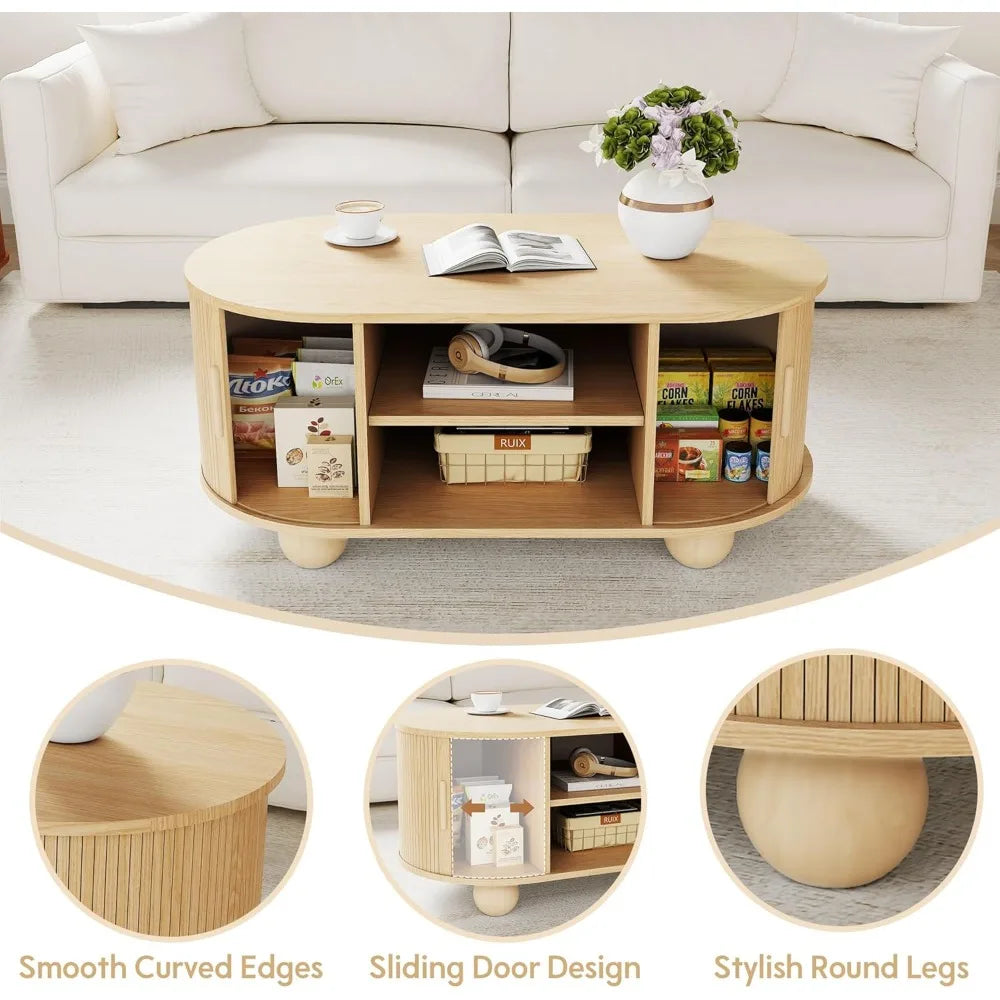 Mid-Century Modern Coffee Table with Fluted Design and Storage for Living Room