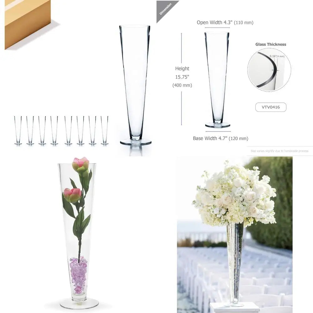 Clear Glass Trumpet Vases, Bulk Open Top 4, Height 16, Multiple Sizes, Tall Pilsner Floral Planter Container, Centerpiece for Ho