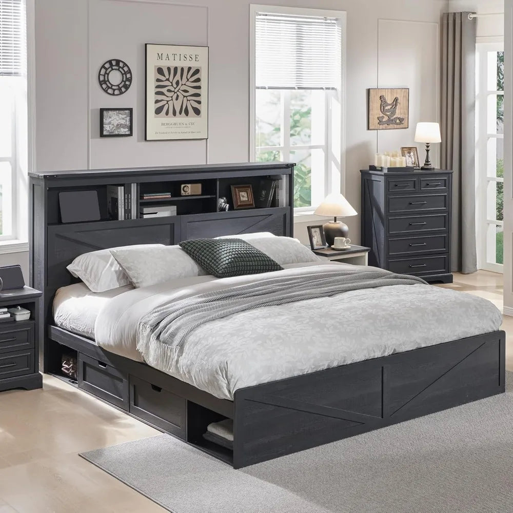 Queen Size Wood Bed Frame Farmhouse with 52" Tall Storage Bookcase Headboard, LED Light,Charging Station,4 Drawers and Solid Woo