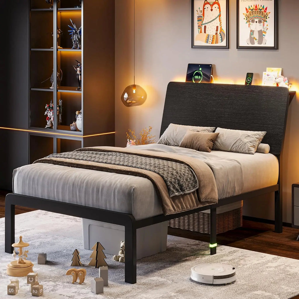 Queen Bed Frame with Ergonomic Storage Headboard,LED Bed Frame with Charging Station, 12" UnderBed Storage,Heavy-Duty,Customized