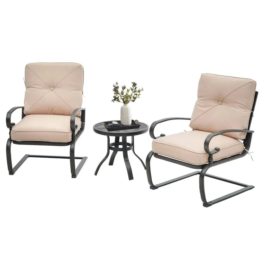 Outdoor Bistro Set 3Piece Spring Metal Lounge Cushioned Chairs and Bistro Table Set Wrought Iron Cafe Furniture Seat, Brown