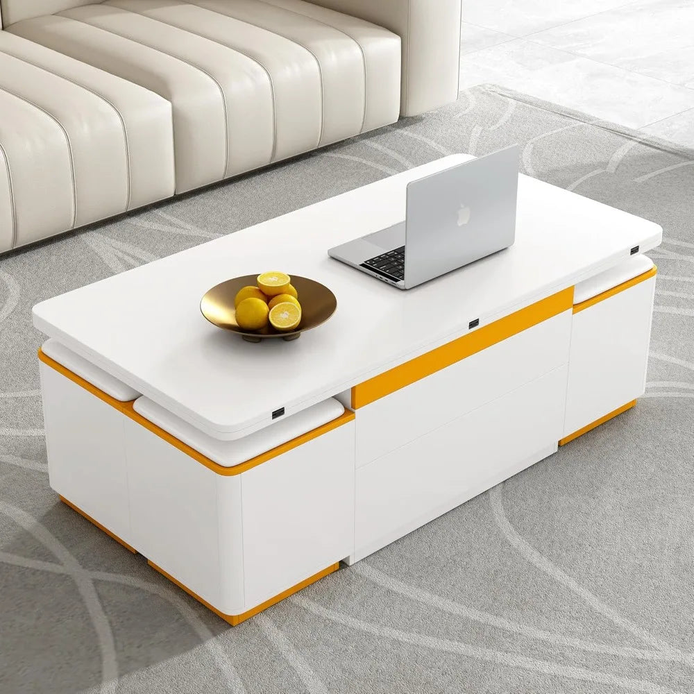 Customized.3 in 1 Lift-Top Coffee Table with 4 Storage Stools, Modern 47.2" Center Table with Foldable Top, Multi-Functional Adj