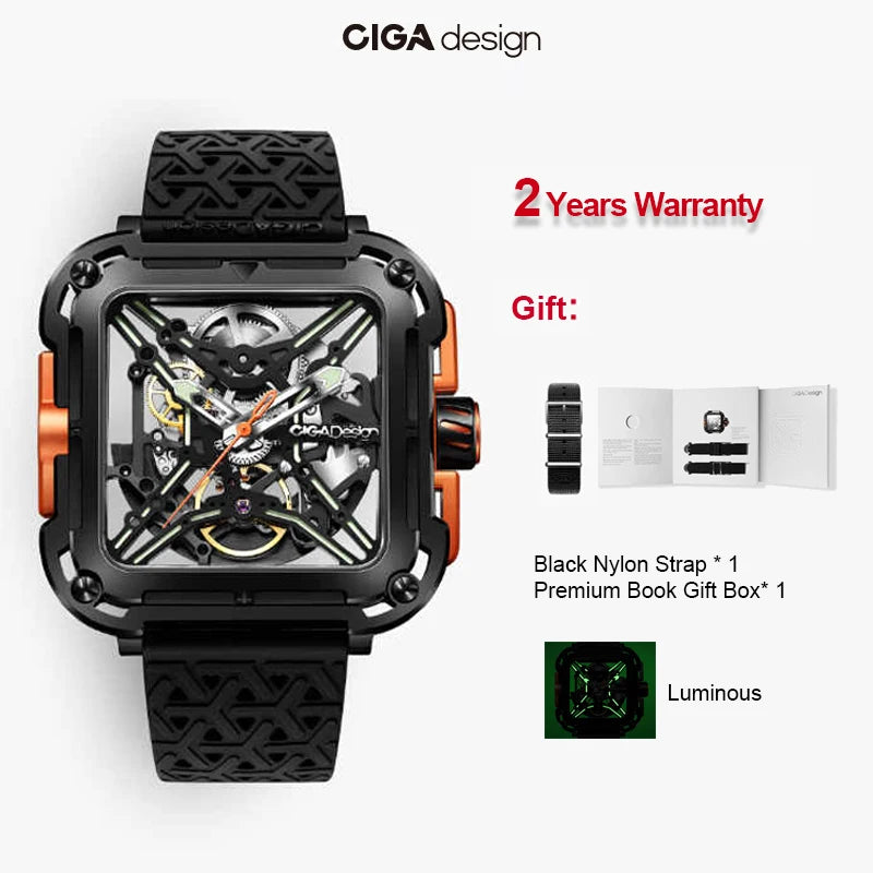 CIGA Design Square Skeleton Automatic Watch Men Fashion X Series SUV Luminous Anti-shock Mechanical Wrist Watches reloj hombre
