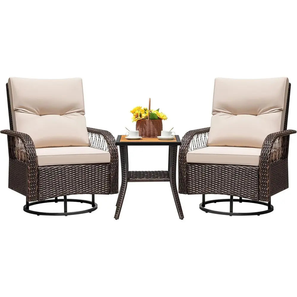Luxury Brown/Beige Wicker 3-Piece Outdoor Swivel Rocker Set with Side Table and Cushions