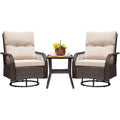 Luxury Brown/Beige Wicker 3-Piece Outdoor Swivel Rocker Set with Side Table and Cushions