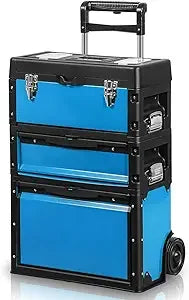Portable 3-Tier Rolling Tool Box, 19.5 Inch Stackable Storage with Wheels, Heavy Duty Steel and Plastic Construction for Worksho