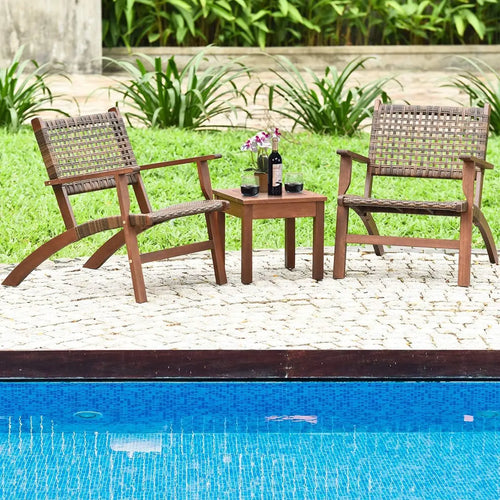 3-Piece Outdoor Patio Set, Eucalyptus Wood Frame Wicker Bistro with Coffee Table, Brown Rattan Furniture for Backyard, Porch, Ga