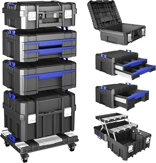 Portable Rolling Modular Tool Storage System with Drawers - 4 Tier Stackable Organizer Box for Tools