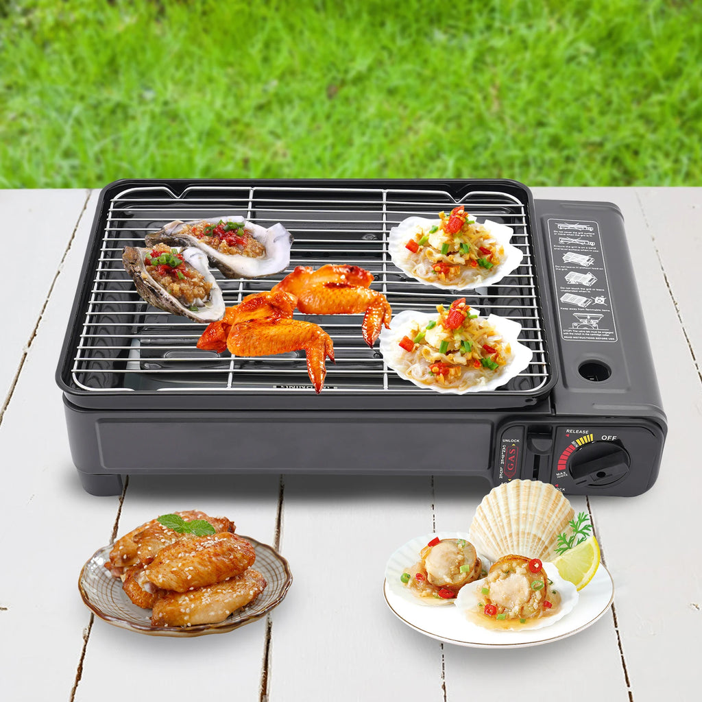 Portable Butane Grill Stove Camping Grill Gas Stove Free Standing BBQ Grill w/Grilling Net Carry Case for Camping Cooking