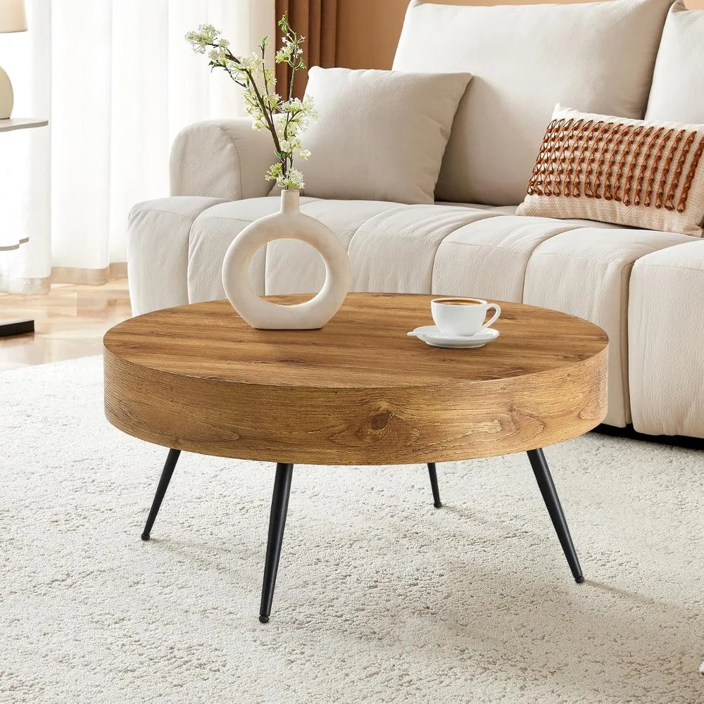 Coffee Table for Living Room, Round Wood Coffee Tables with Storage, Modern Metal Accent Center Tea Table for Apartment S