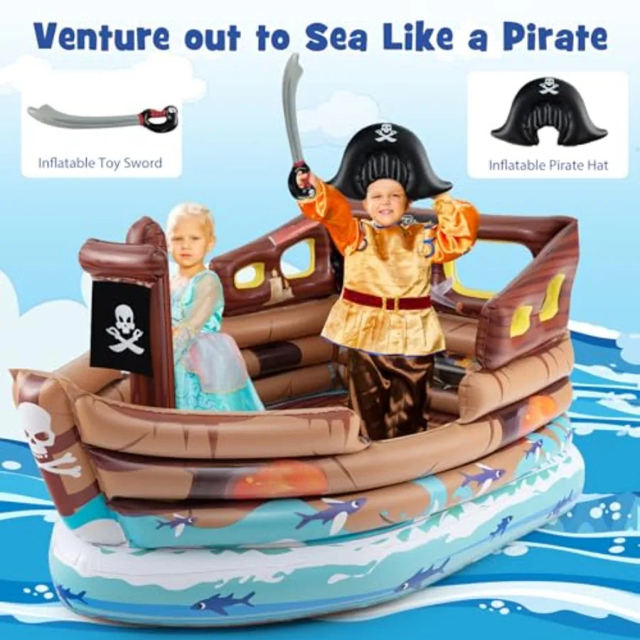 Pirate Ship Bounce House Inflatable with Built-in Motor Boat Shaped for Aged 3+ Indoor Outdoor Party Game Includes Sword Hat Re