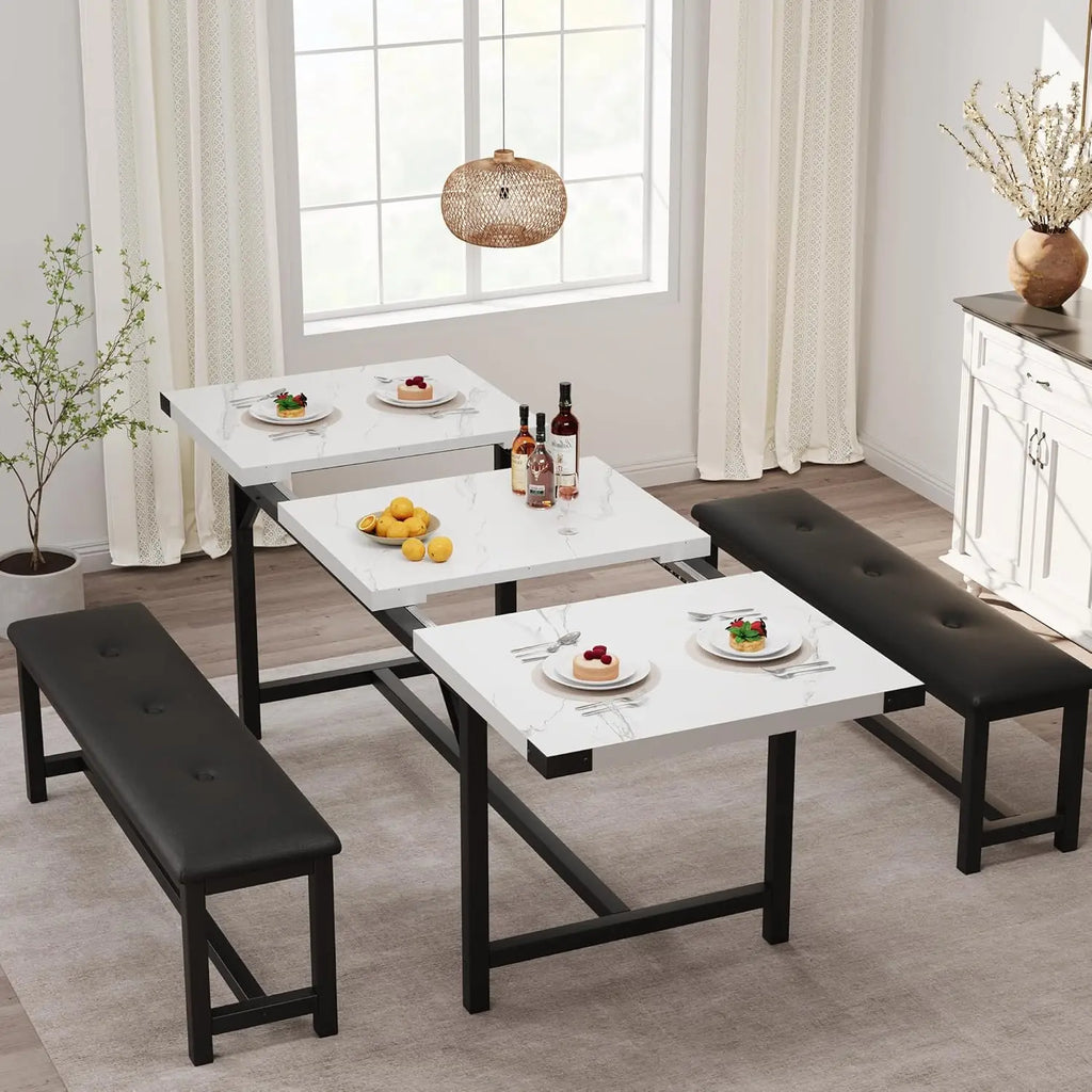 3-Piece Dining Table Set for 4-6 People, Extendable Kitchen Table Set with 2 Upholstered Benches, Dining Room Table, Customized