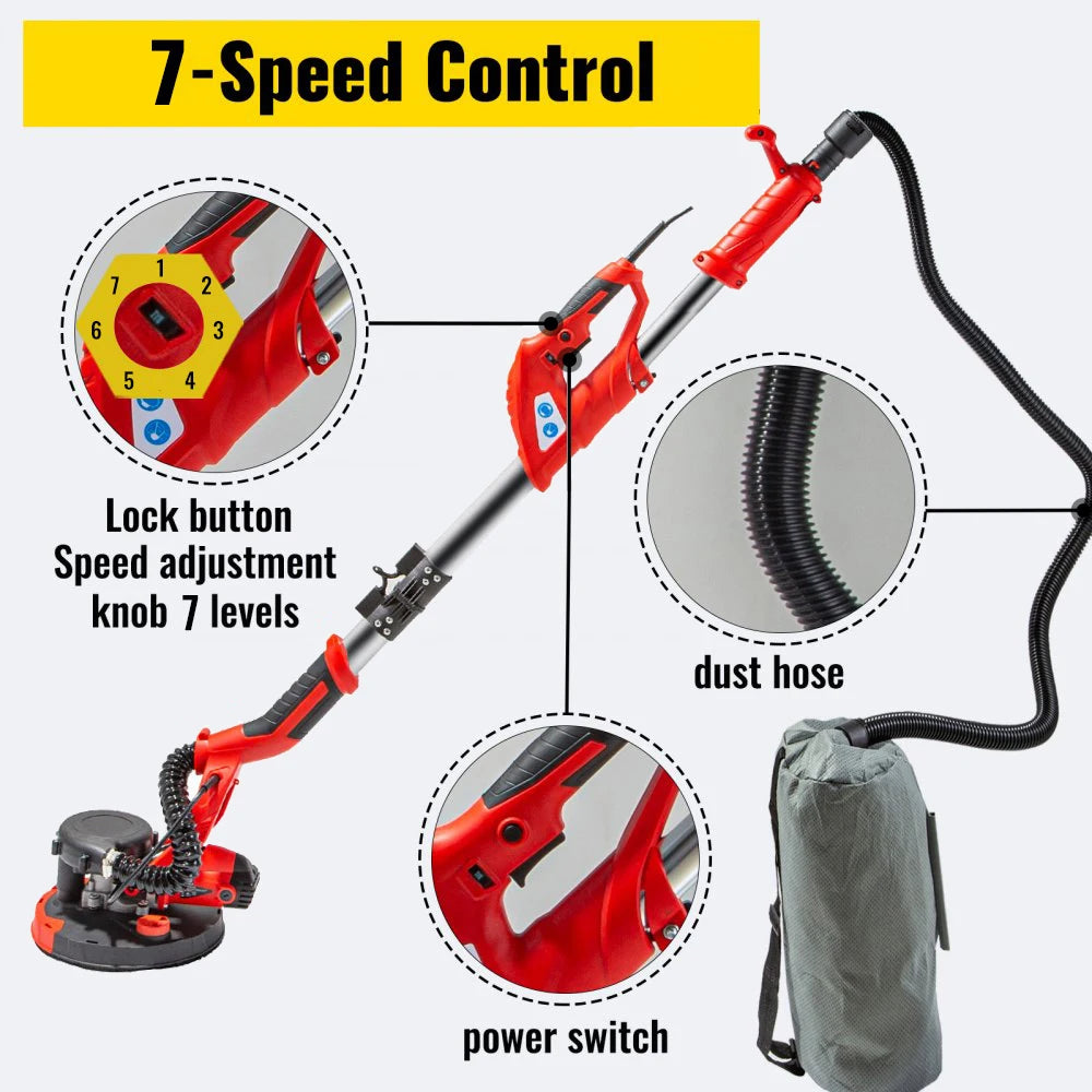 SucceBuy Drywall Sander 850W Variable Speed 800-1750RPM Electric Drywall Sander Foldable Sheetrock Sander with Handle Vacuum Bag
