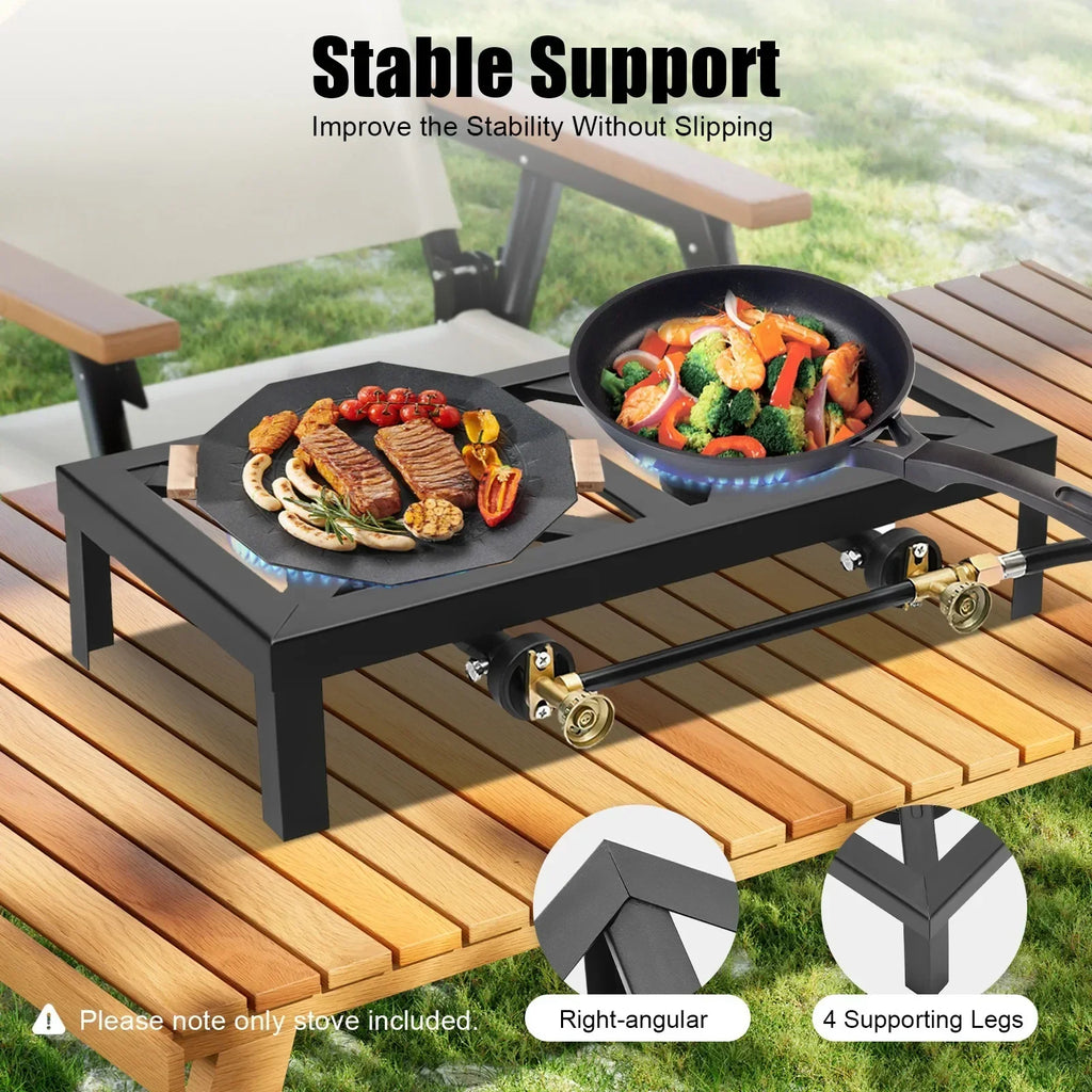 Portable Double Burner Gas Stove, Outdoor Propane Cooktop with 0-10PSI Regulator, Compact Camping Stove for Picnic & Backpacking
