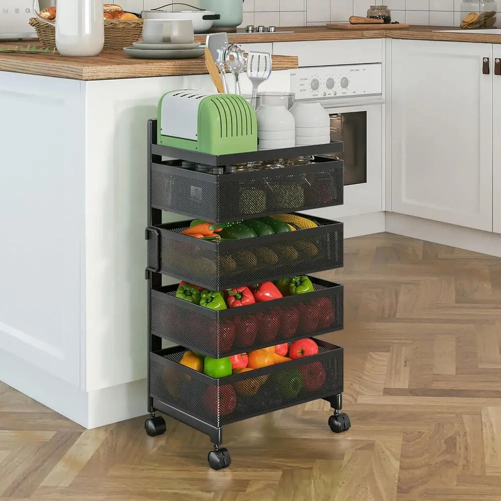 4-Tier Metal Fruit Basket with Rolling Kitchen Storage Rack, Sturdy Vegetable Shelf, and Bathroom Drawer Cart in Black