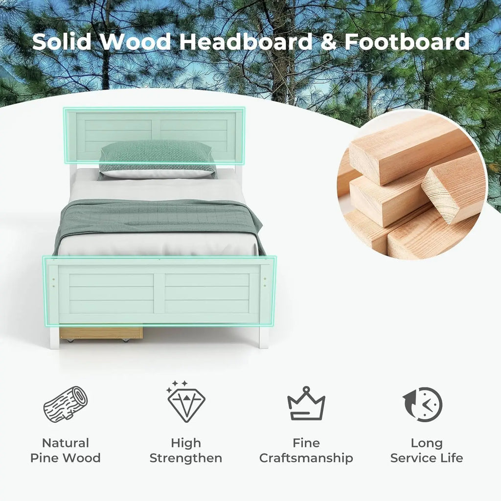 Wood Twin Bed with 2 Storage Drawers, Solid Wood Platform Bed with Headboard, Wooden Slats Support Mattress, Customized