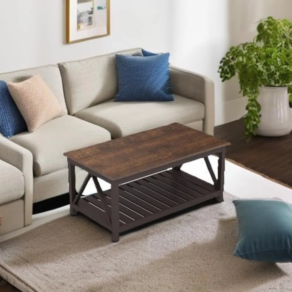 Farmhouse Coffee Table, Rustic Vintage Living Room Table with Shelf, 40 Espresso